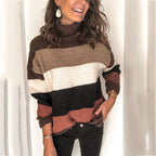 Damen Strickpullover mit hohen Kragen und modischem Blockstreifenmuster R&B