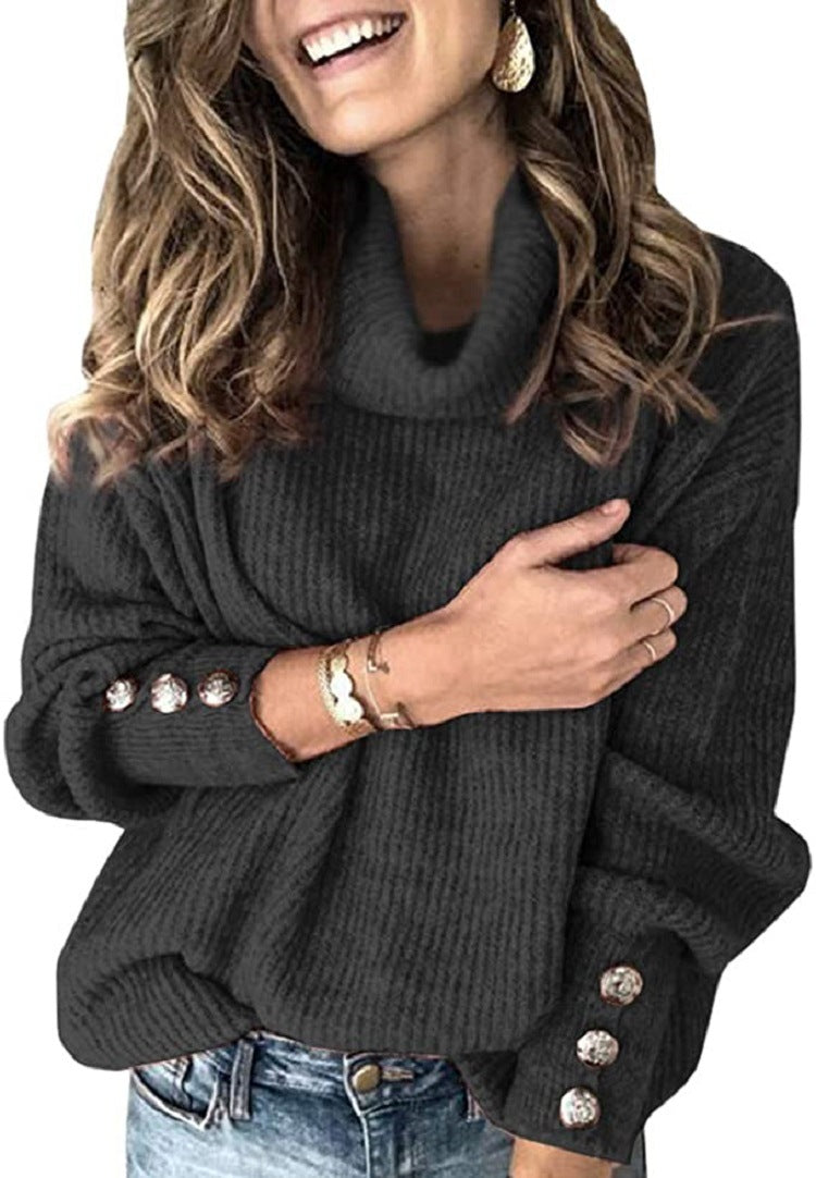 Damen Grobstrickpullover mit hohem Kragen und dekorativen Knopfdetails R&B