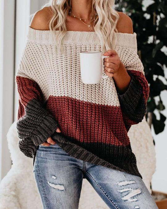 Damen lässiger Strickpullover mit weitem Ausschnitt und Farbblockdesign R&B