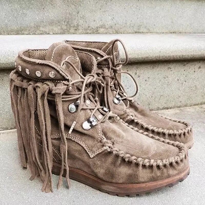 Damen Mokassin-Stiefel mit fransigem Design und handgefertigter Verarbeitung R&B