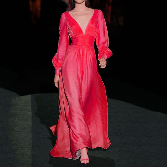 Damen Maxikleid mit tiefem V-Ausschnitt und Puffärmeln R&B