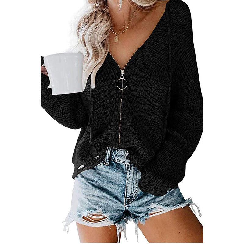 Damen V-Ausschnitt Strickpullover mit Reißverschluss R&B