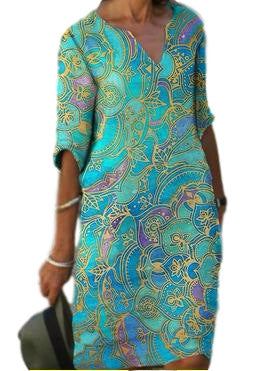 Damen Freizeitleichtkleid mit elegantem V-Ausschnitt und buntem Muster R&B