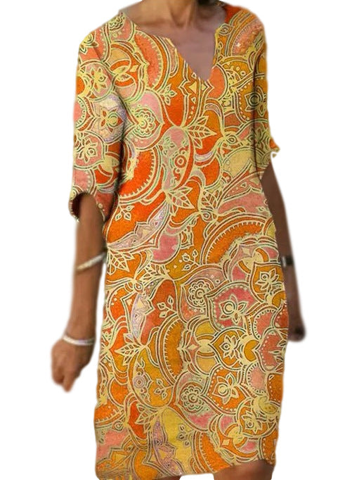 Damen Freizeitleichtkleid mit elegantem V-Ausschnitt und buntem Muster R&B