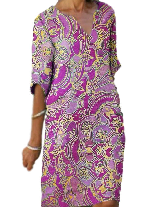 Damen Freizeitleichtkleid mit elegantem V-Ausschnitt und buntem Muster R&B