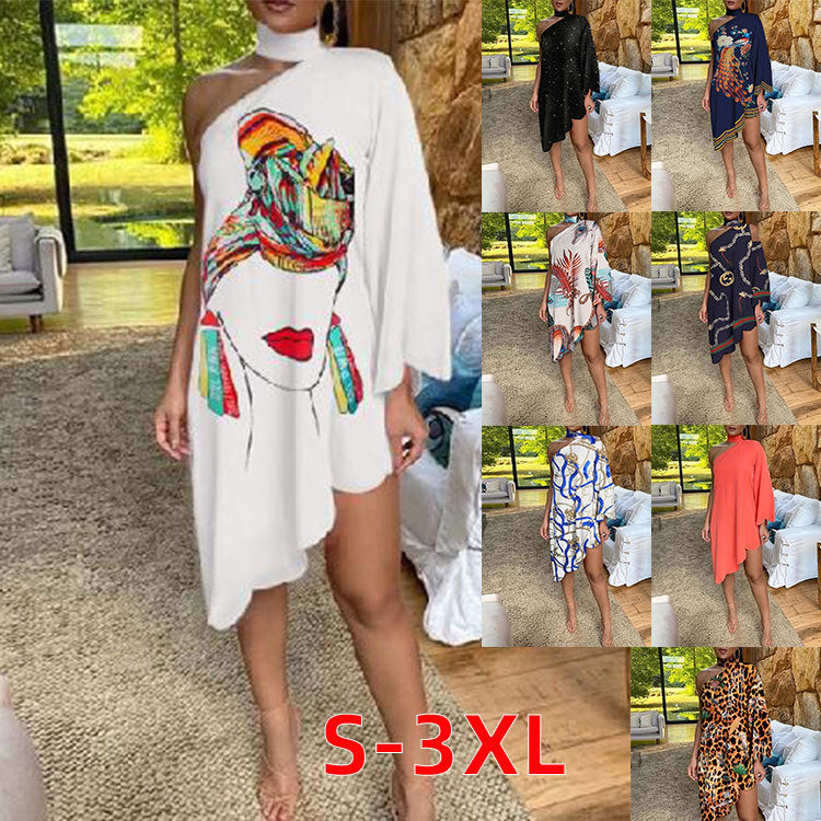 Damen asymmetrisches Kleid mit kreativem Leopardenmuster und einer Schulterpartie R&B