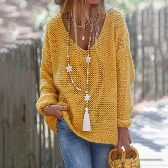 Damen lässiger Strickpullover mit tiefem V-Ausschnitt R&B