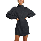 Damen Grobstrick Pulloverkleid mit hohem Kragen und überschnittenen Schultern