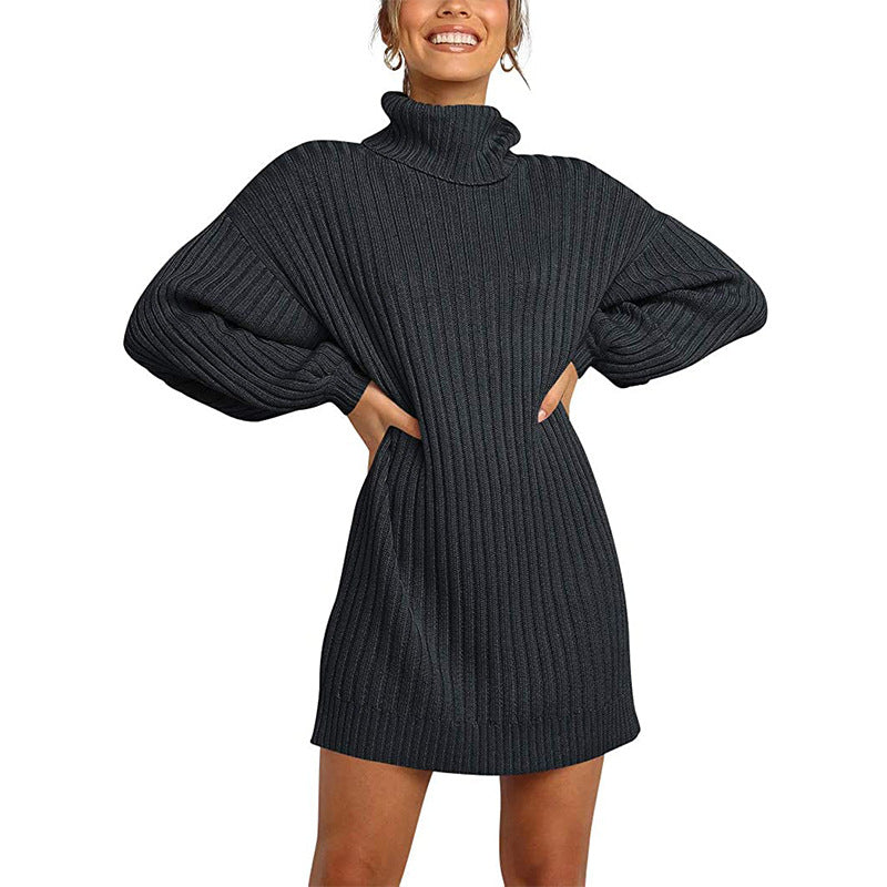 Damen Grobstrick Pulloverkleid mit hohem Kragen und überschnittenen Schultern