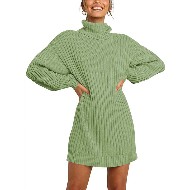 Damen Grobstrick Pulloverkleid mit hohem Kragen und überschnittenen Schultern R&B