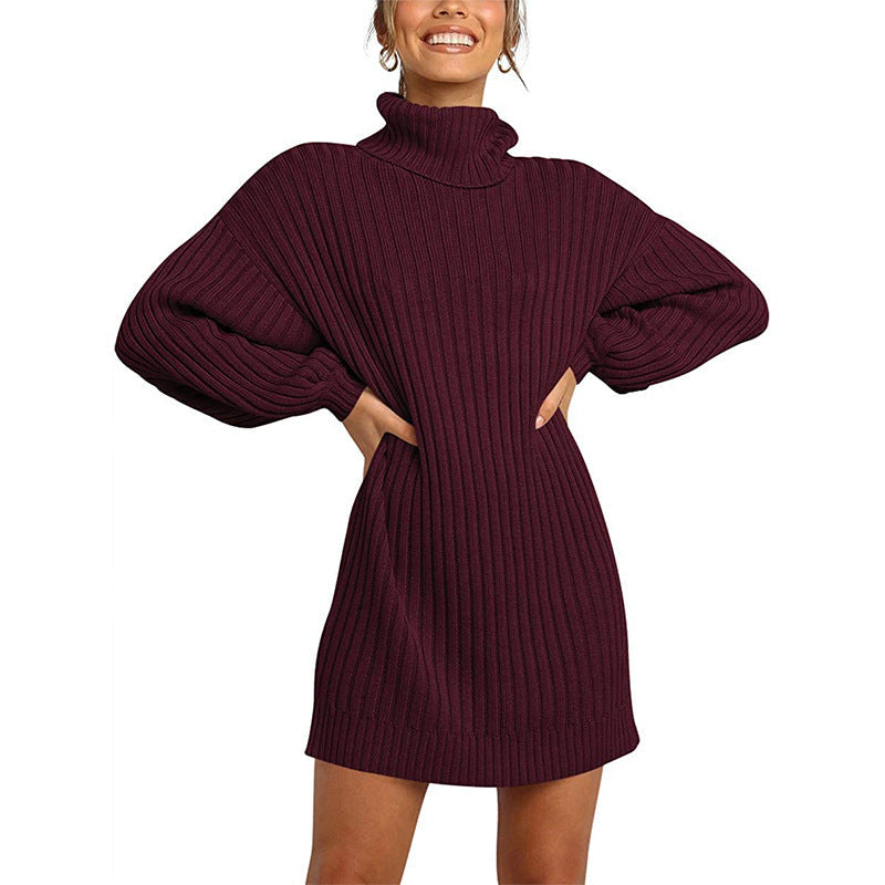 Damen Grobstrick Pulloverkleid mit hohem Kragen und überschnittenen Schultern