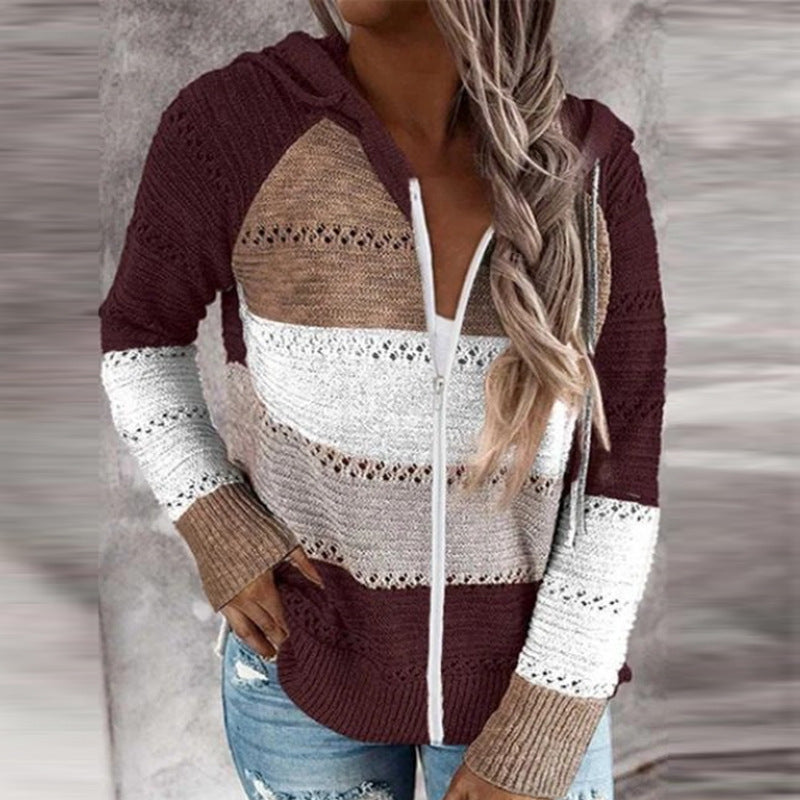 Damen Lässige Strickjacke mit Reißverschluss und Kapuze R&B