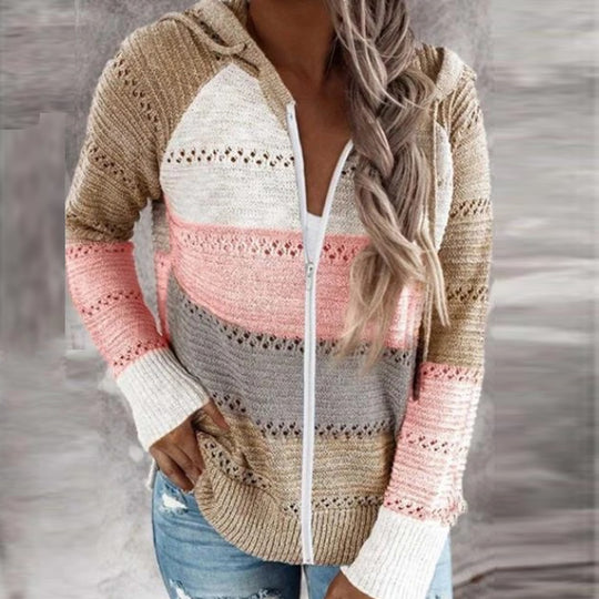 Damen Lässige Strickjacke mit Reißverschluss und Kapuze R&B