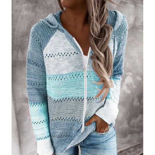 Damen Lässige Strickjacke mit Reißverschluss und Kapuze R&B