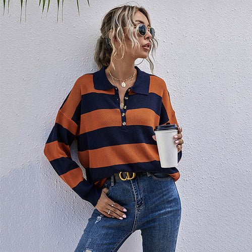 Damen gestreifter Pullover mit Knopfleiste und hochwertigem Rippdesign R&B