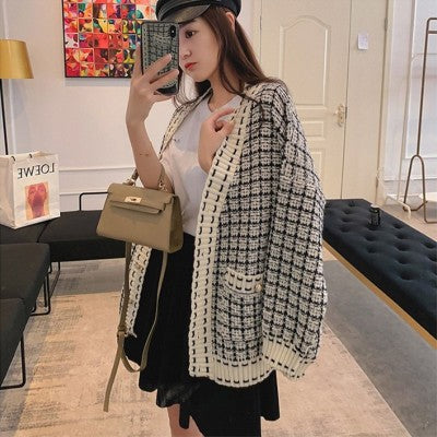 Damen Lässiger Strickcardigan im modernen Karomuster mit oversized Passform R&B