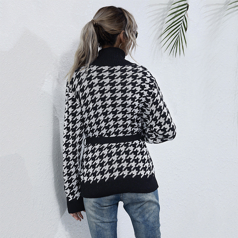 Damen Stilvolle Strickjacke mit Bindegürtel im Hahnentritt-Muster R&B