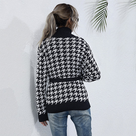Damen Stilvolle Strickjacke mit Bindegürtel im Hahnentritt-Muster R&B