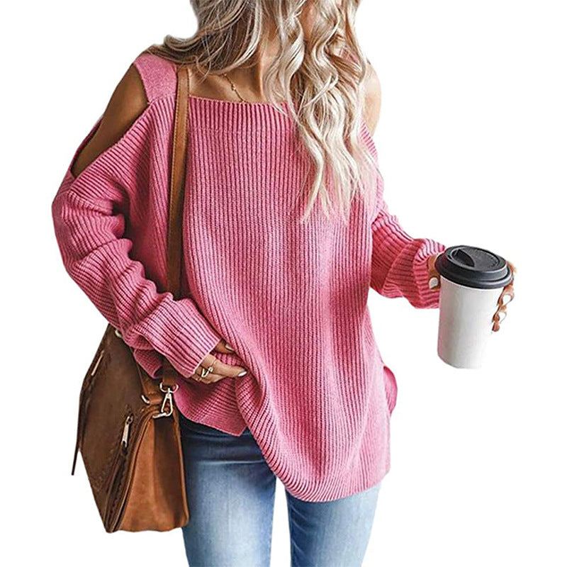 Damen lässiger Strickpullover mit schulterfreier Ausschnittführung R&B