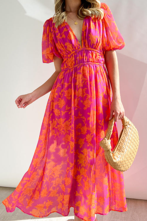 R&B | Real Love Print Puffärmel Maxi Kleid