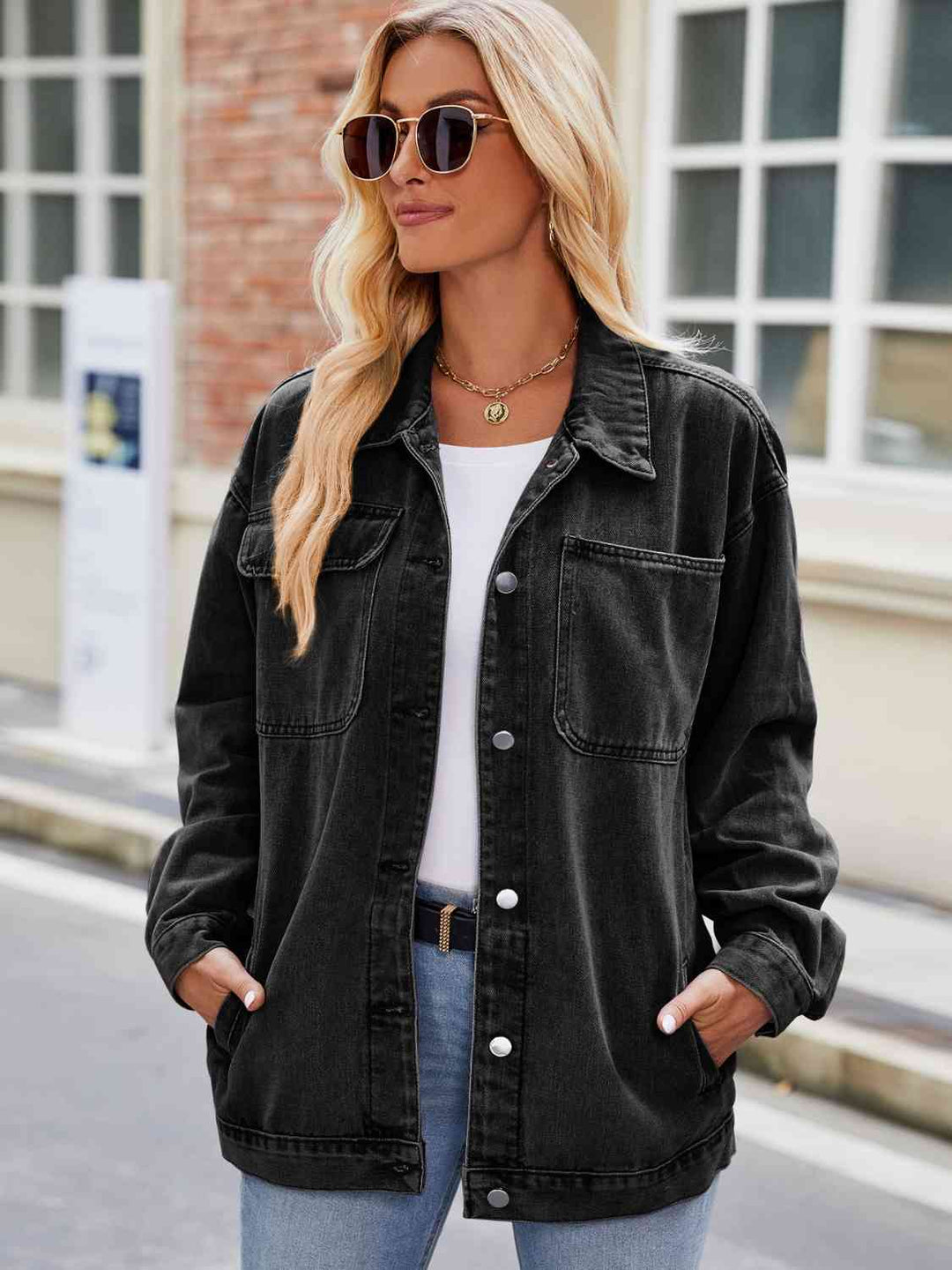 R&B | Knopf-Down Denimjacke mit Taschen