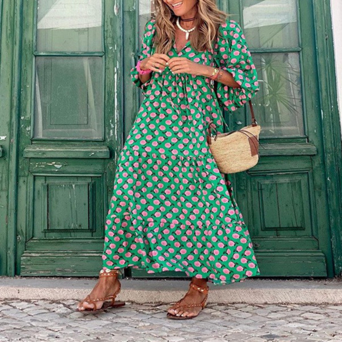 R&B | Großes böhmisches Kleid mit Rundhalsausschnitt und Laternenärmeln