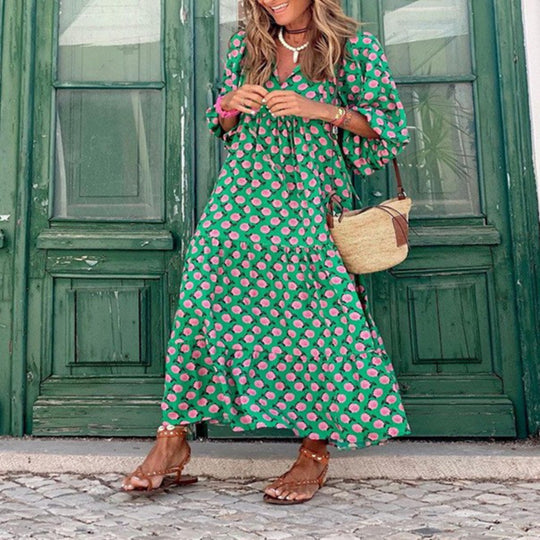 R&B | Großes böhmisches Kleid mit Rundhalsausschnitt und Laternenärmeln