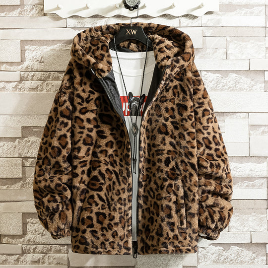 Damen kuschelige Fleecejacke mit Leopardenmuster und Kapuze R&B