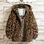 Damen kuschelige Fleecejacke mit Leopardenmuster und Kapuze R&B