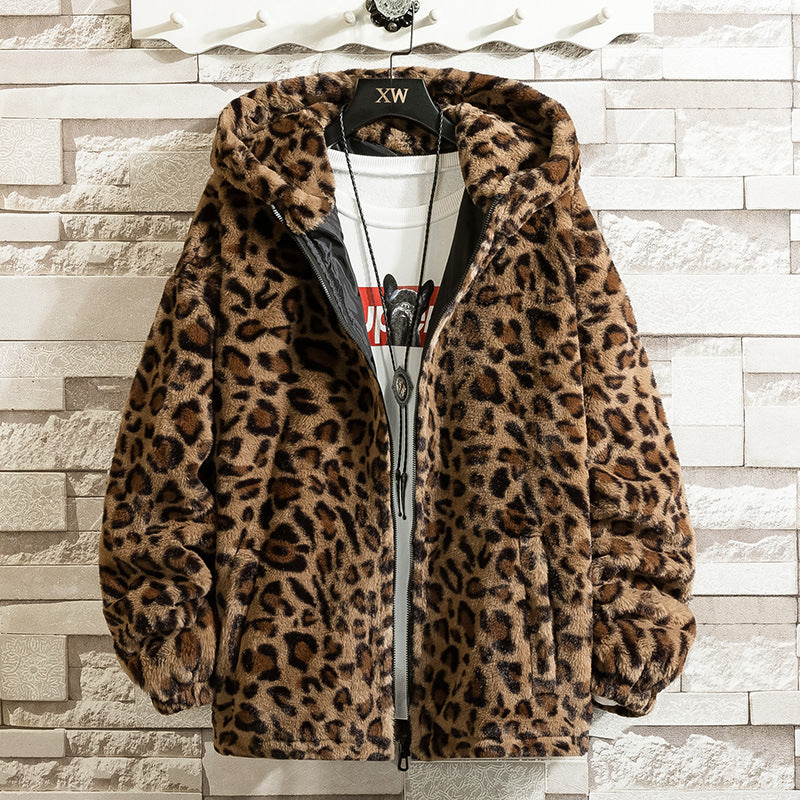 Damen kuschelige Fleecejacke mit Leopardenmuster und Kapuze R&B