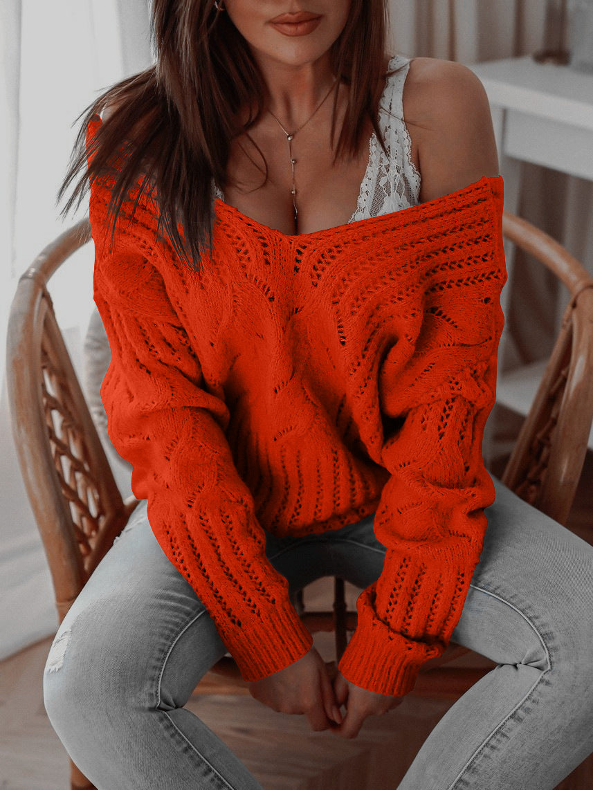Damen trendiger Strickpullover mit offenem Schulterdesign und dekorativem Lochmuster R&B