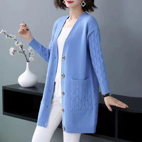 R&B | Cardigan-Pullover Wollstrick Lockere Passform Kabelärmeln Mittellang Knopffront
