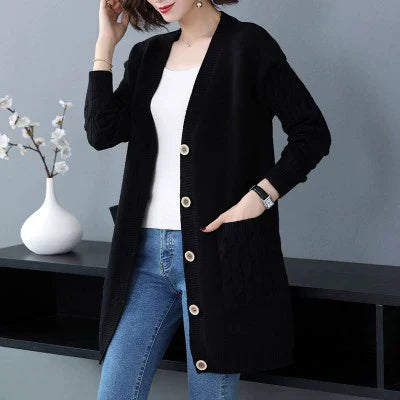 R&B | Cardigan-Pullover Wollstrick Lockere Passform Kabelärmeln Mittellang Knopffront