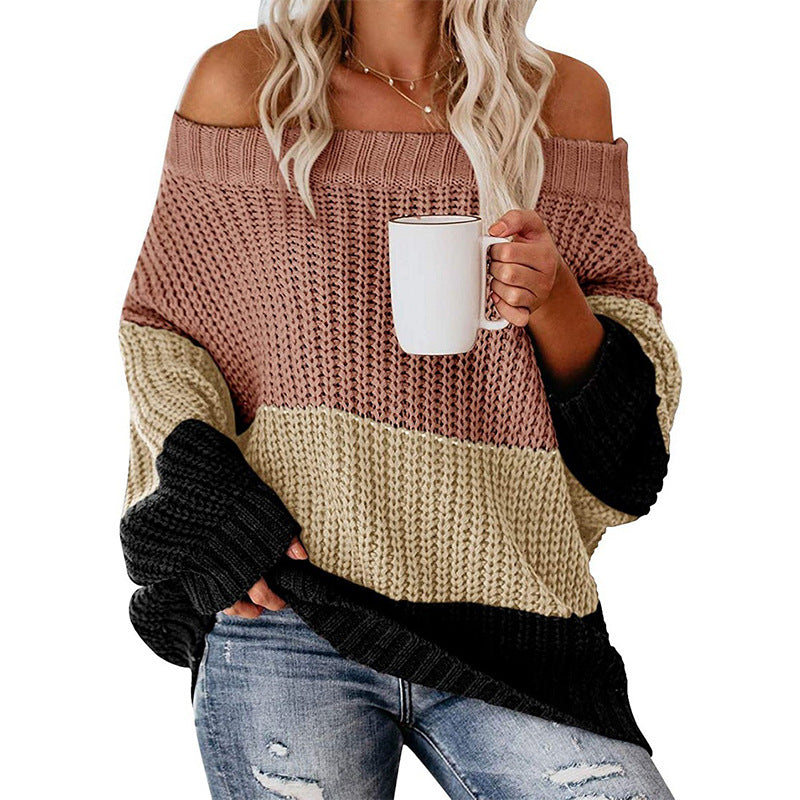 Damen lässiger Grobstrickpullover mit Off-Shoulder Design und dekorativer Farbkombination R&B