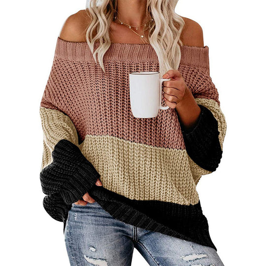 Damen lässiger Grobstrickpullover mit Off-Shoulder Design und dekorativer Farbkombination R&B