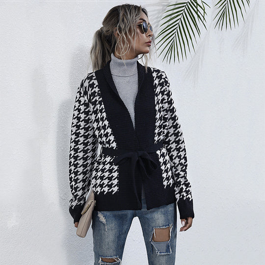 Damen Stilvolle Strickjacke mit Bindegürtel im Hahnentritt-Muster R&B