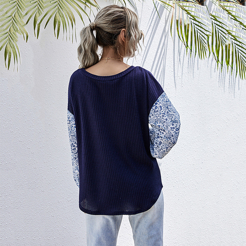 Damen lässiger Strickpullover mit voluminösen Ärmeln und floralem Design R&B