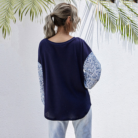 Damen lässiger Strickpullover mit voluminösen Ärmeln und floralem Design R&B