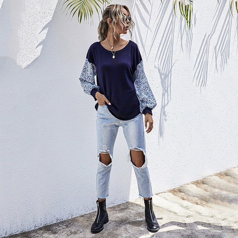Damen lässiger Strickpullover mit voluminösen Ärmeln und floralem Design R&B