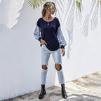 Damen lässiger Strickpullover mit voluminösen Ärmeln und floralem Design