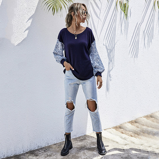 Damen lässiger Strickpullover mit voluminösen Ärmeln und floralem Design R&B