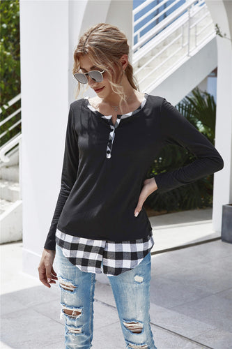 Damen Lässiges Langarmshirt mit Karomuster und Knopfdetails R&B