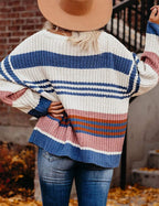 Damen lässiger Strickpullover mit hohem Schnitt und raffiniertem Streifenmuster R&B