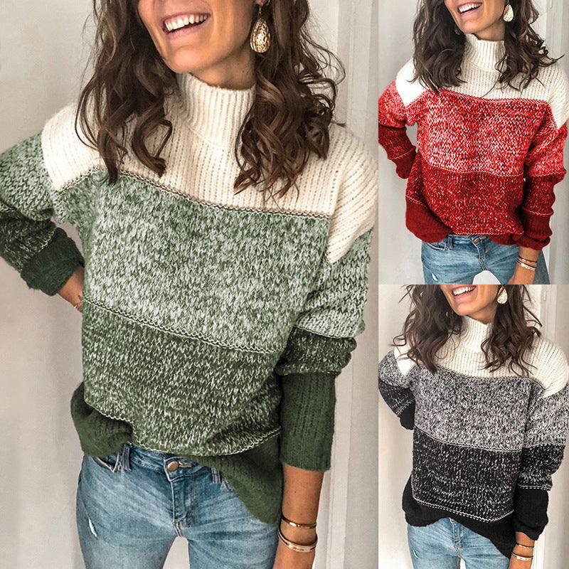 Damen Grobstrickpullover mit hohem Kragen und mehrfarbigem Muster R&B