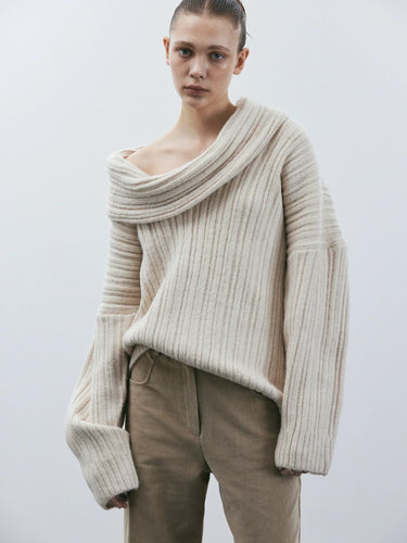 R&B | Übergröße Passform Gerippte Strick Wolle Off-Shoulder Design