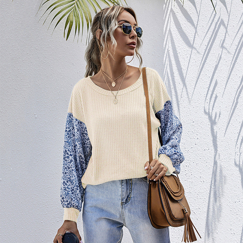 Damen lässiger Strickpullover mit voluminösen Ärmeln und floralem Design R&B