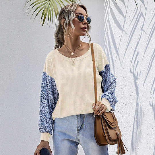 Damen lässiger Strickpullover mit voluminösen Ärmeln und floralem Design R&B