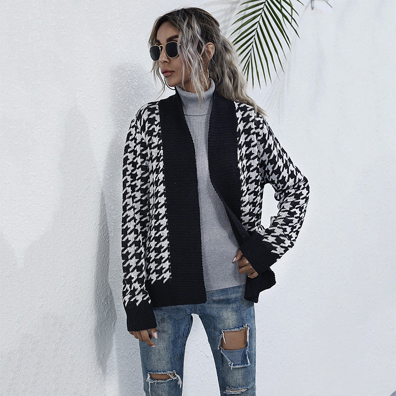Damen Stilvolle Strickjacke mit Bindegürtel im Hahnentritt-Muster R&B