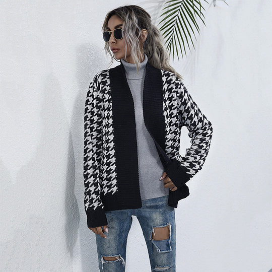 Damen Stilvolle Strickjacke mit Bindegürtel im Hahnentritt-Muster R&B