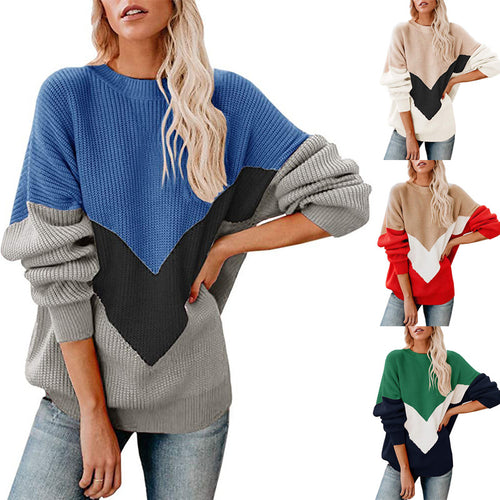 Damen Grobstrickpullover mit V-förmigem Farbdesign R&B
